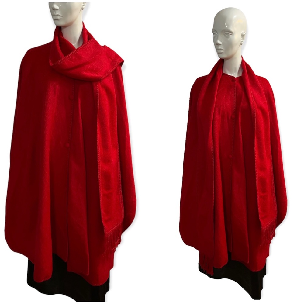 Red Alpaca Cape With Scarf